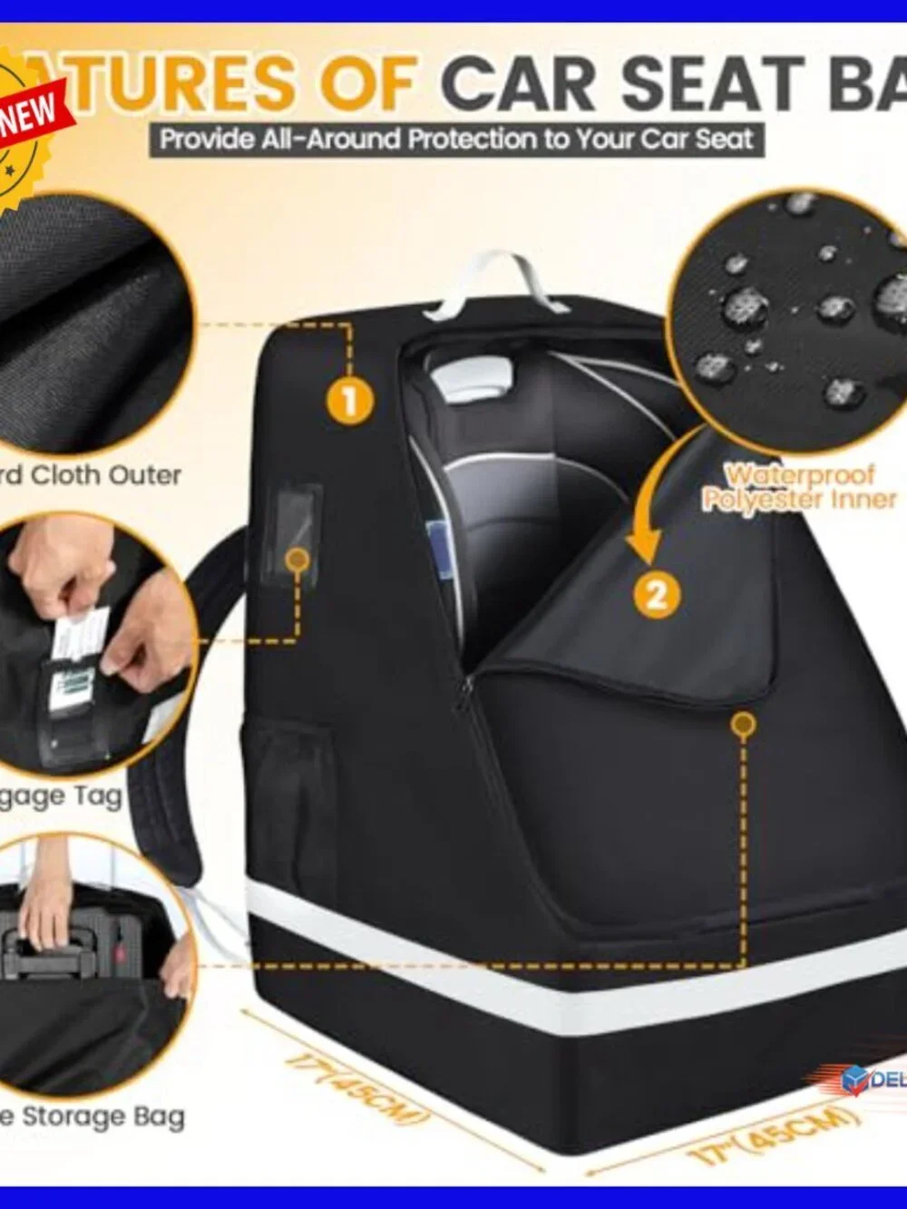 Folding Car Seat Travel Bag & Cart with 4 Wheels, Padded Gate Check Bag